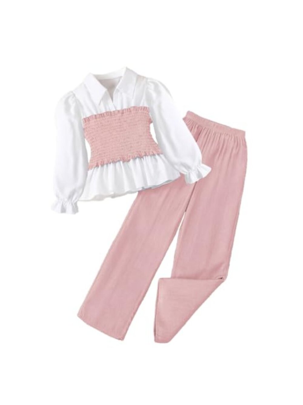 Girls Long Sleeve Tunic Blouse and Faux Denim Wide Leg Pants Outfit Set